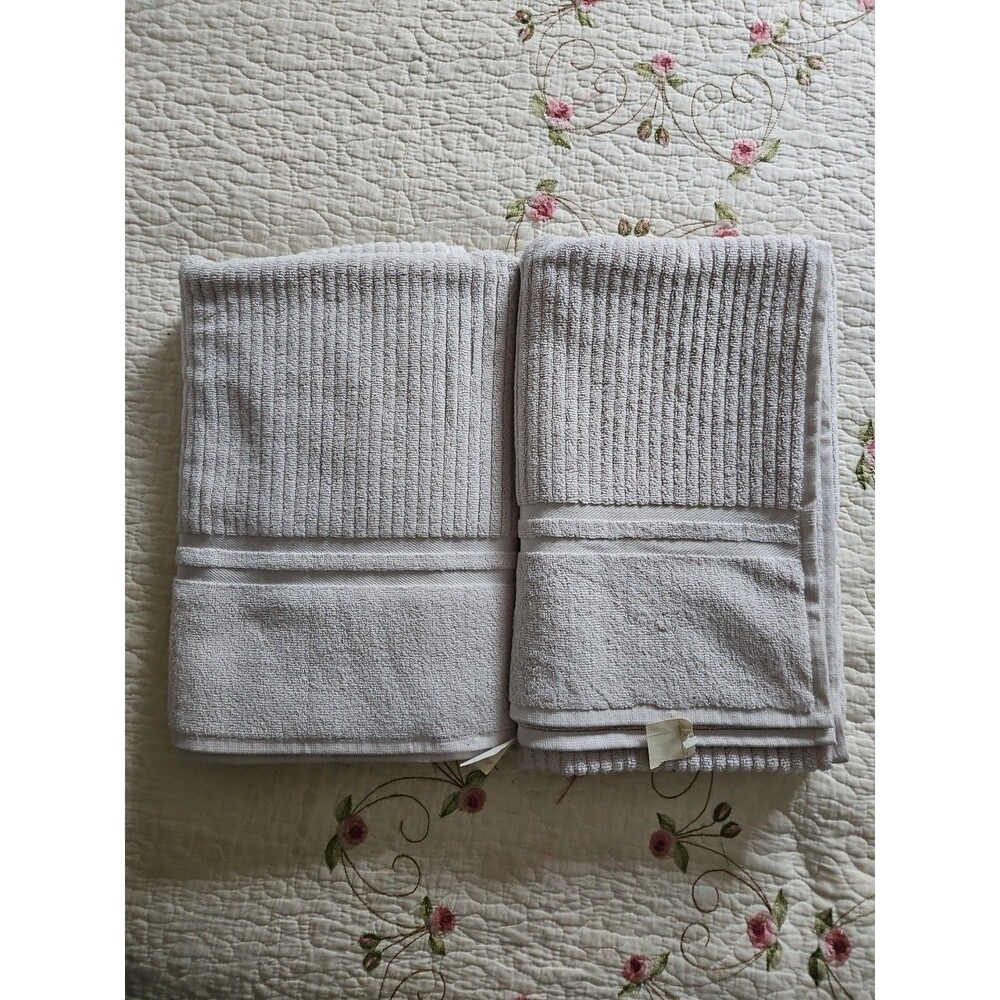 2 Vintage Eddie Bauer Ribbed Pewter Cotton Bath Towels  Made in USA NEW 27x54